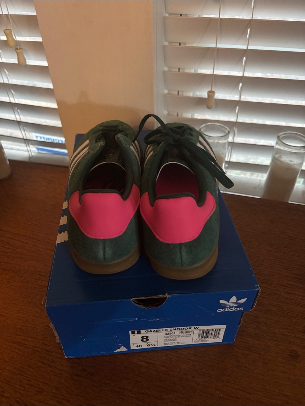 adidas Green Suede Gazelle Indoor Sneakers with White Stripes and Pink Lining - Picture 2 of 3